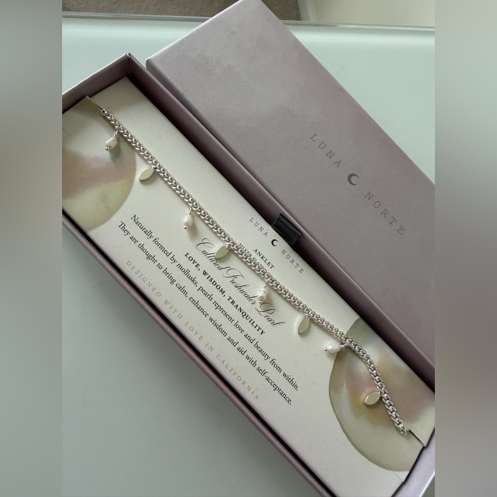 Viral Luna Norte Silver Chain Anklet with Pearl and Charm Accents
